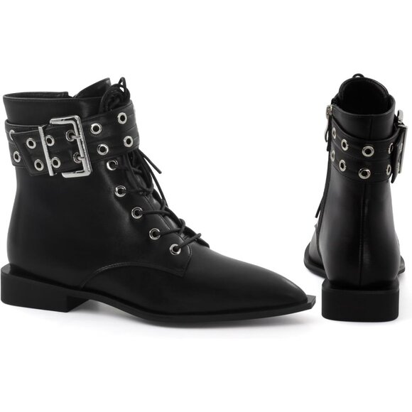 ⚡Women's Black Pu Halloween Ankle Boots Pointed Toe Chunky Heel Boots Buckles - Picture 3 of 4